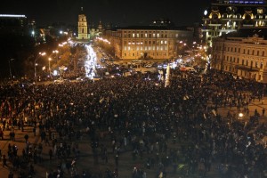 A general view shows the square in front of the Mikhailovsky Zlatoverkhy Cathedral during a rally supporting EU integration in Kiev