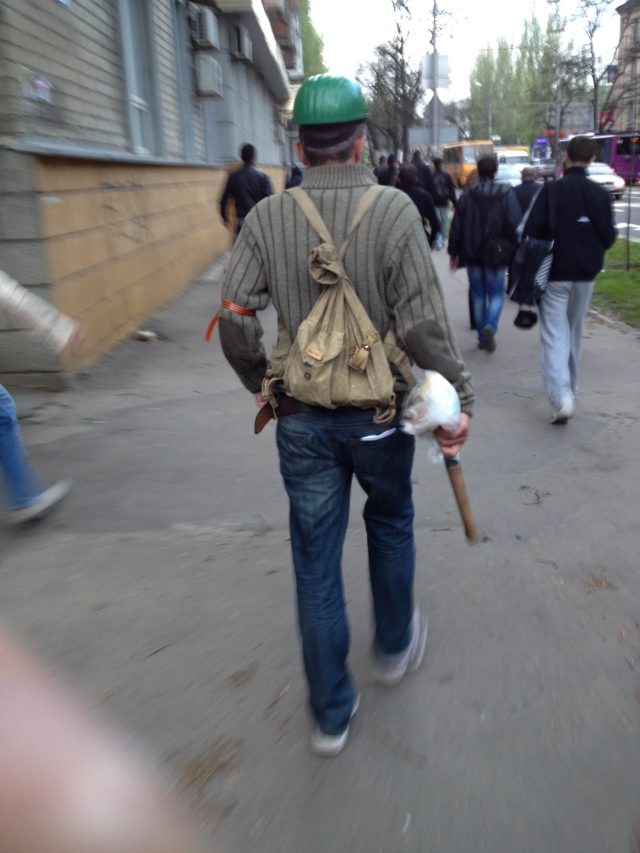 Donetsk, April 29, 2014. Russian bandit after beating participants of assembly 