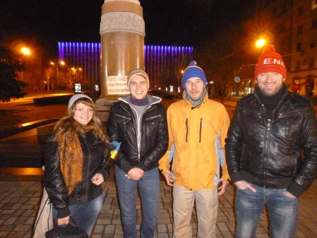 Donetsk. November 21, 2013. First activists of Euromaidan Donetsk near Taras Shevchenko monument 