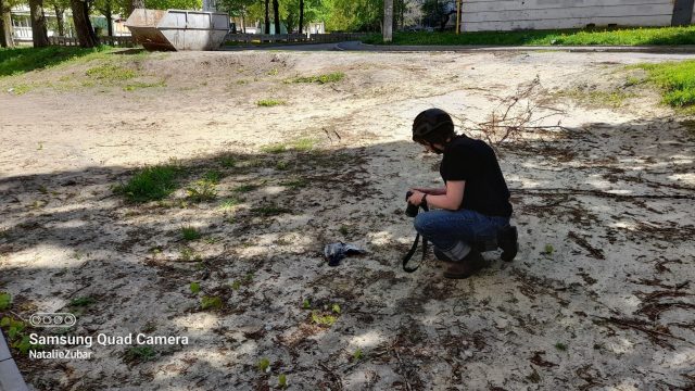 A journalist photographs a dead pigeon