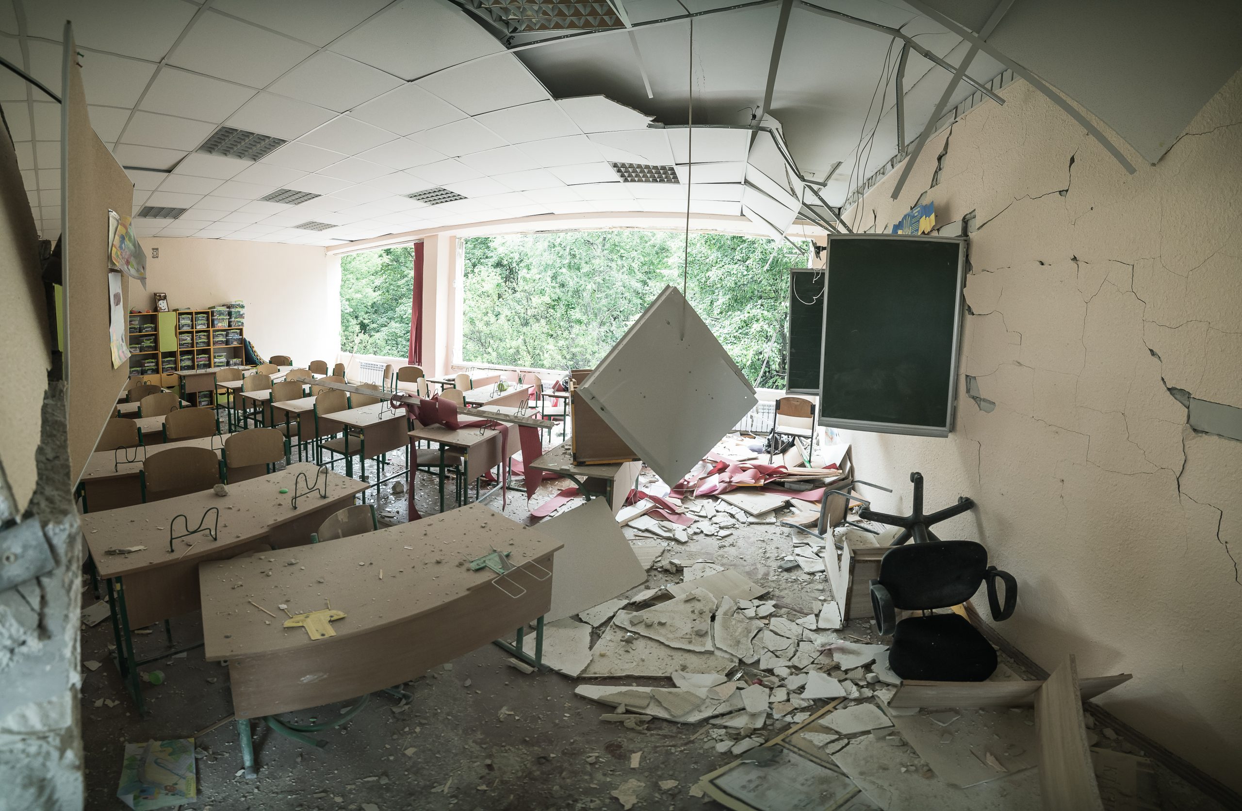 A classroom of the Gymnasium #46 damaged by the Russian rocket strike.