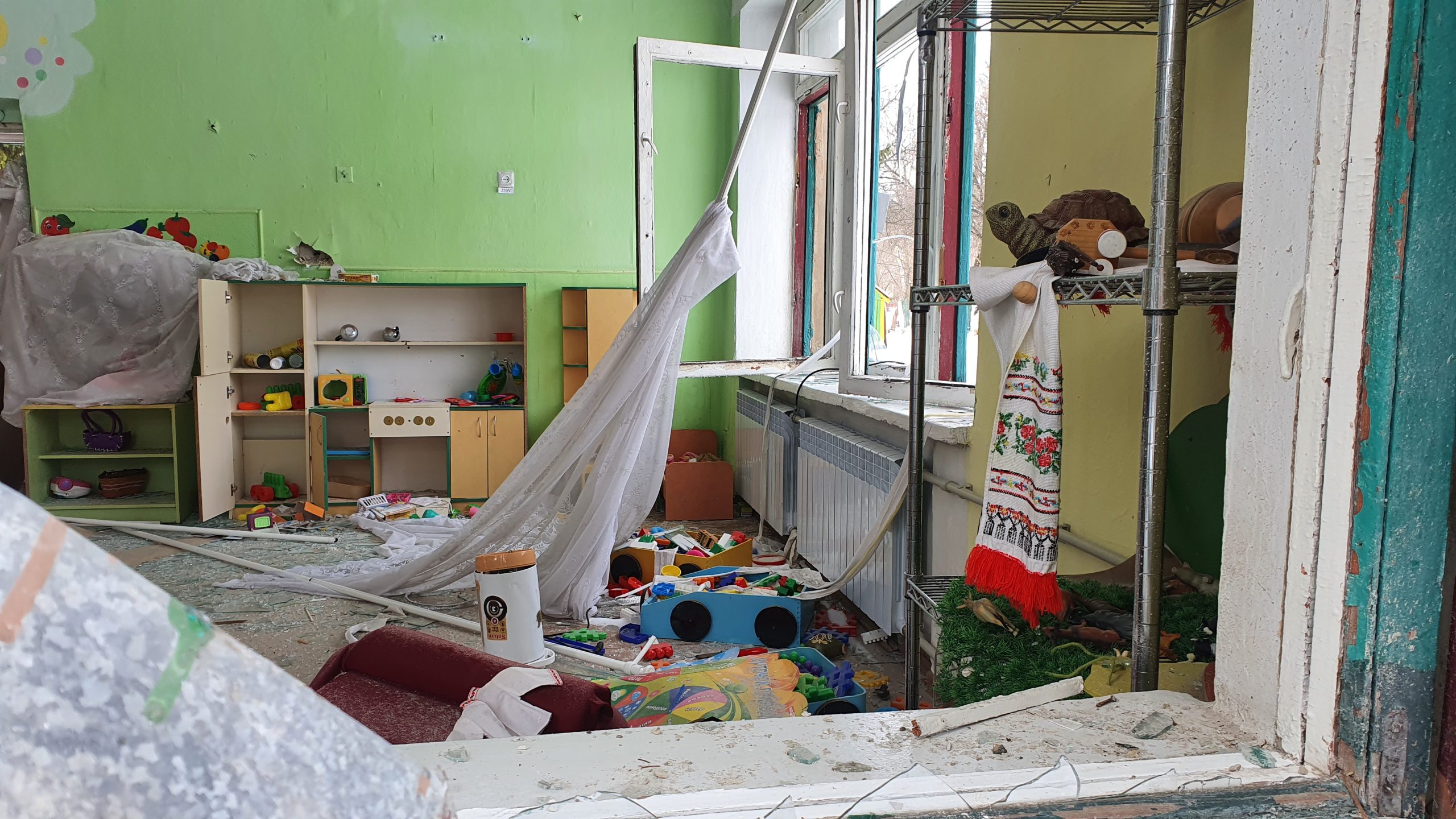 A room of a destroyed kindergarten in Kharkiv. The name of the kindergarten is School of joy, it focused on English language studies.