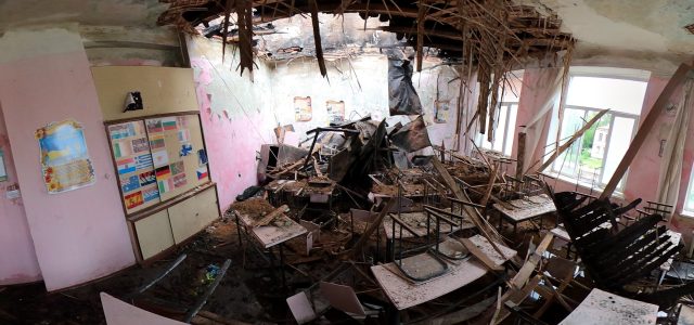 A technical college classroom destroyed by Russian S-300 missiles in Kharkiv in the night of August 2, 2022.