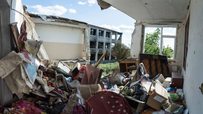 Vilkhivka, Kharkiv region. Destroyed school. Photo was taken on Sep 01, 2022 by Yevhen Tytarenko.