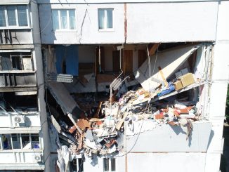 Kharkiv. A balcony facing North in the apartment building in North Saltivka. As seen from the drone on Jul 9, 2022.