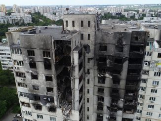Kharkiv. Destroyed apartment building in North Saltivka residential district. As seen from the drone on Jun 7, 2022.