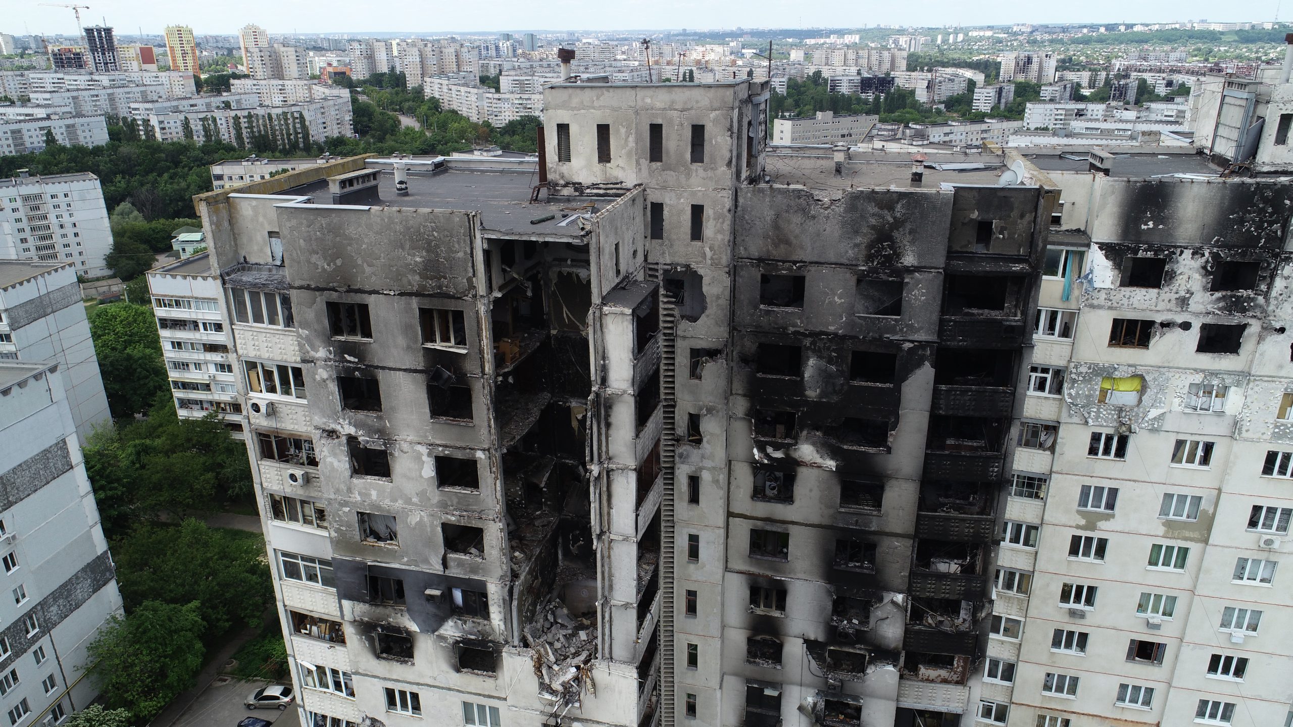 Kharkiv. Destroyed apartment building in North Saltivka residential district. As seen from the drone on Jun 7, 2022.