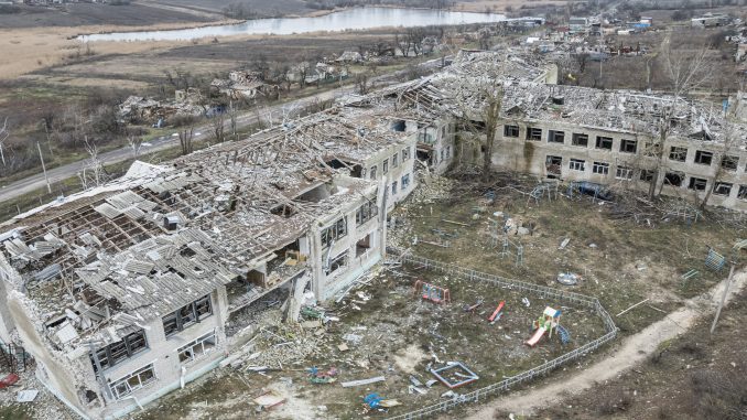 Virnopillya village, Izyum district, Kharkiv region. The school. As seen from the drone on Dec 15, 2022 by Yevhen Tytarenko.