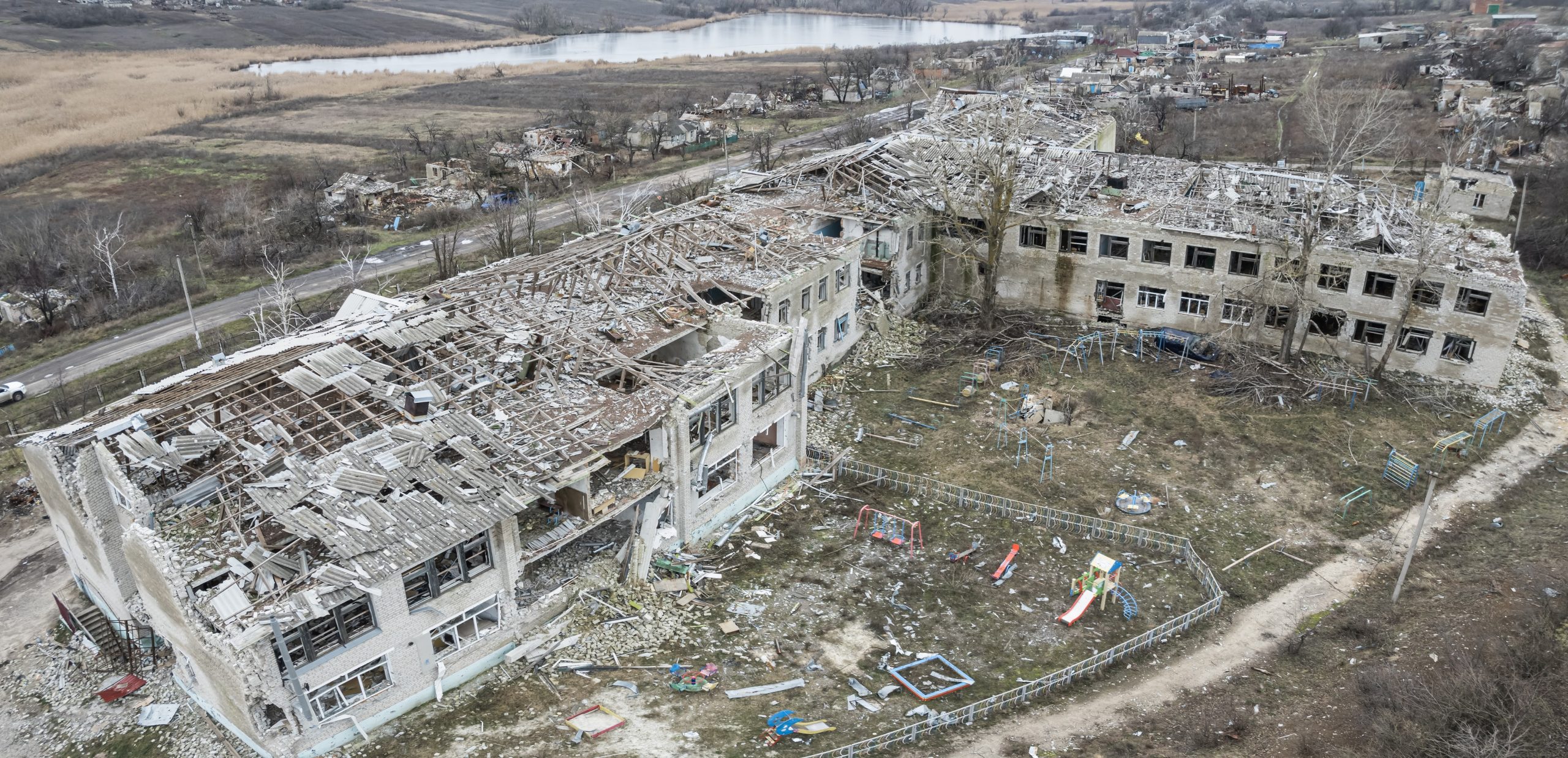 Virnopillya village, Izyum district, Kharkiv region. The school. As seen from the drone on Dec 15, 2022 by Yevhen Tytarenko.