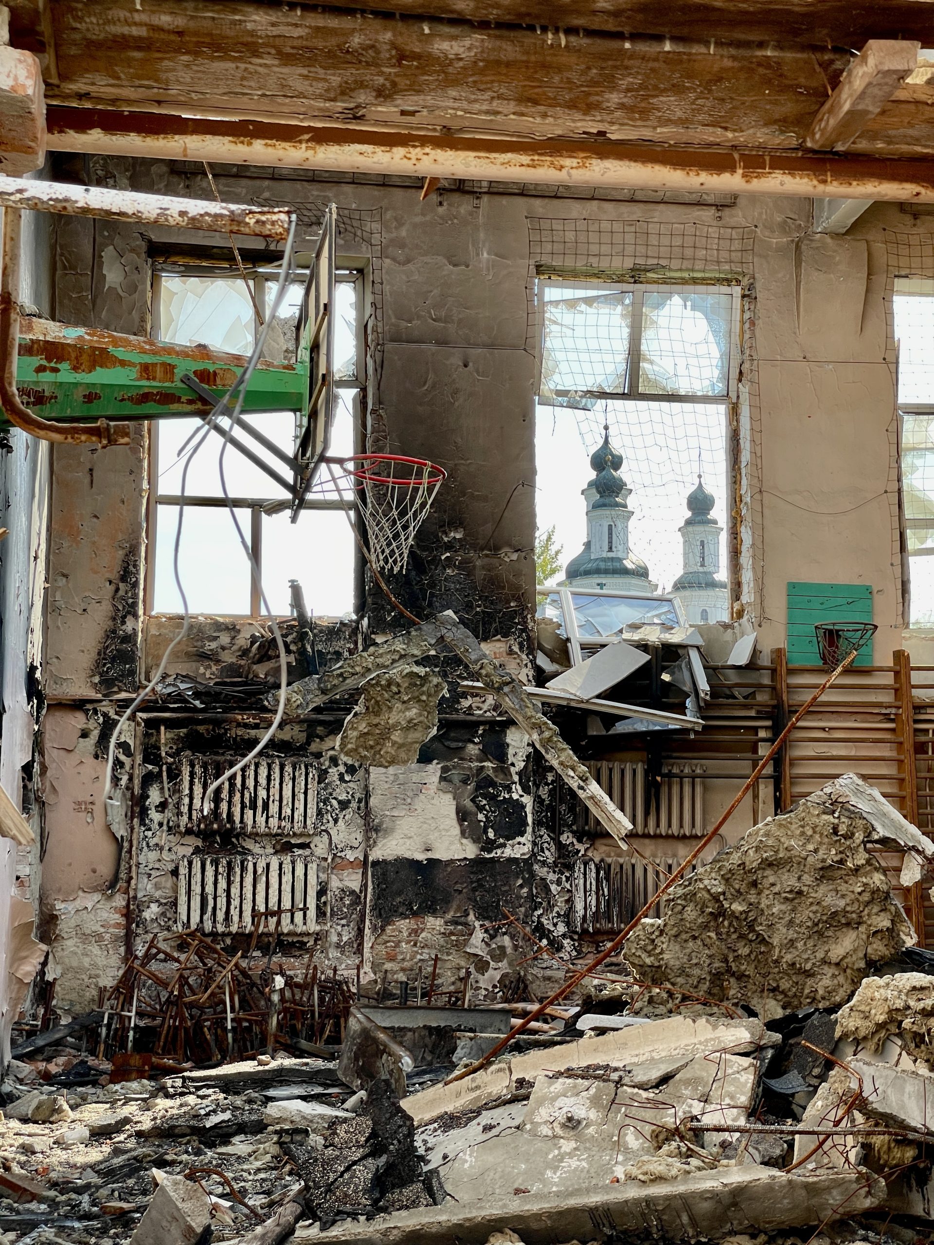 Izyum, Kharkiv region. Gym in the destroyed School #4. Photo was taken on Oct 01, 2022 by Kateryna Svid.