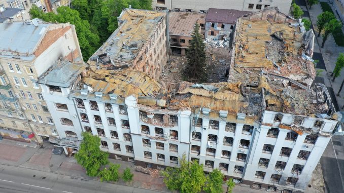 The building of the Faculty of Economics of the Karazin Kharkiv National University (a leading Ukrainian university founded in 1805) damaged by a Russian missile on March 2, 2022. The whole University works only via distance learning due to security conditions and damages to the various buildings. As seen from the drone on May 13, 2022. Photographer: Yevhen Tytarenko