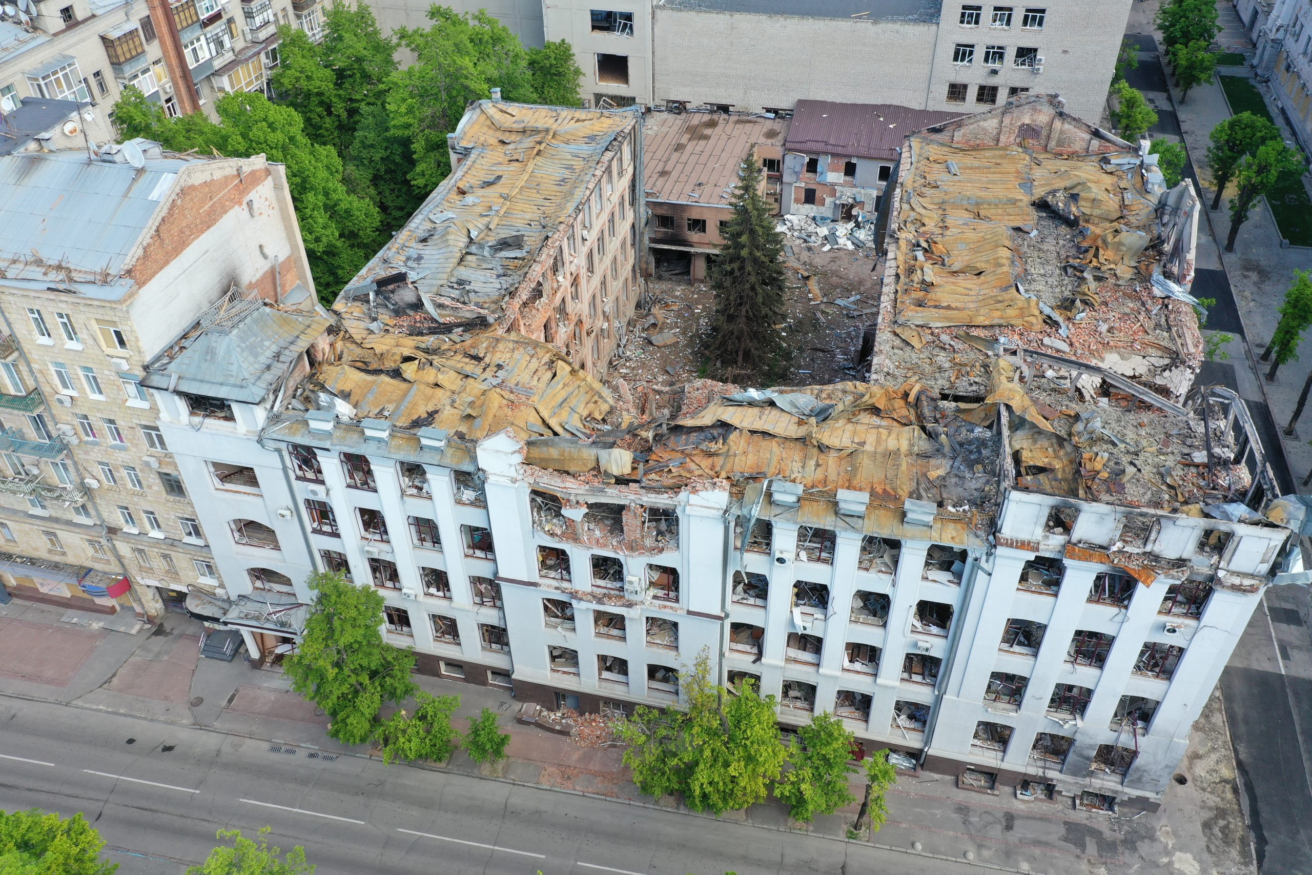 The building of the Faculty of Economics of the Karazin Kharkiv National University (a leading Ukrainian university founded in 1805) damaged by a Russian missile on March 2, 2022. The whole University works only via distance learning due to security conditions and damages to the various buildings. As seen from the drone on May 13, 2022. Photographer: Yevhen Tytarenko