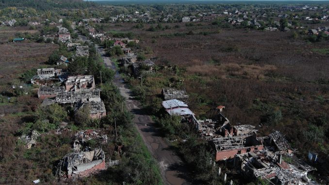 Kamyanka village near Izyum in Kharkiv region after 5 months of Russian occupation. There is hardly a single house saved from devastation. As seen from the drone on Oct 08, 2022.