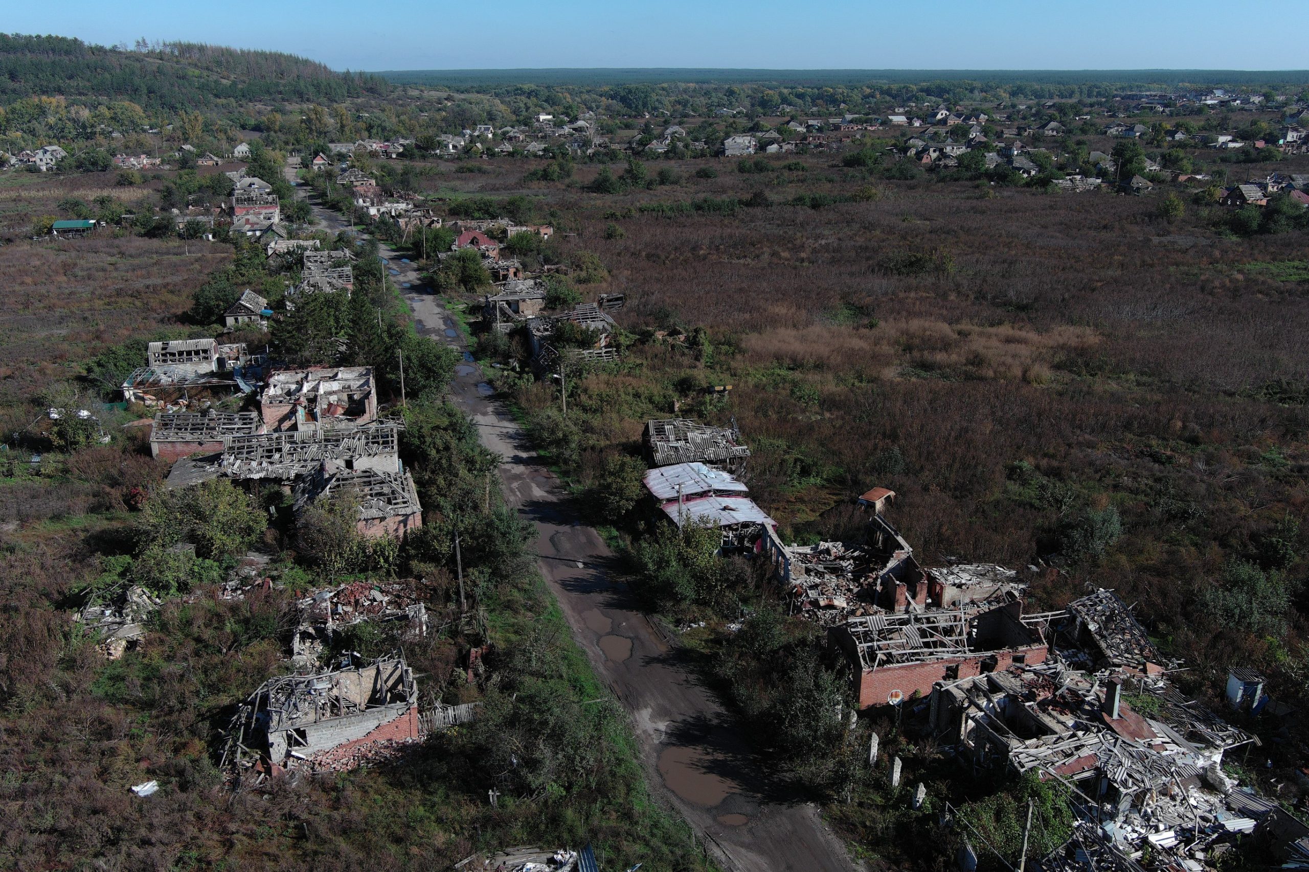 Kamyanka village near Izyum in Kharkiv region after 5 months of Russian occupation. There is hardly a single house saved from devastation. As seen from the drone on Oct 08, 2022.