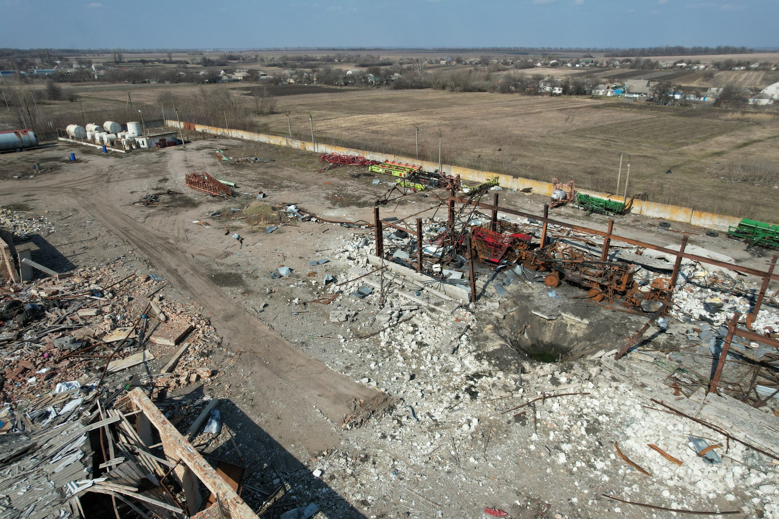 Destroyed farm in the village of Vyshneve, Kharkiv region. As seen from the drone on March 23, 2023. Photo by Yevhen Tytarenko.