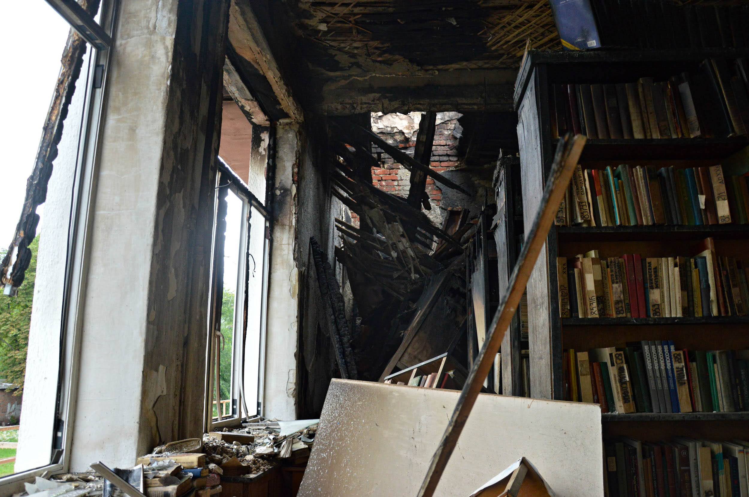 The Kharkiv Higher Vocational School No. 6 was severely damaged as a result of the Russian attack. This is the destroyed and burnt library of the school. Photo was taken on Aug 02, 2022 by Yuliia Hush.