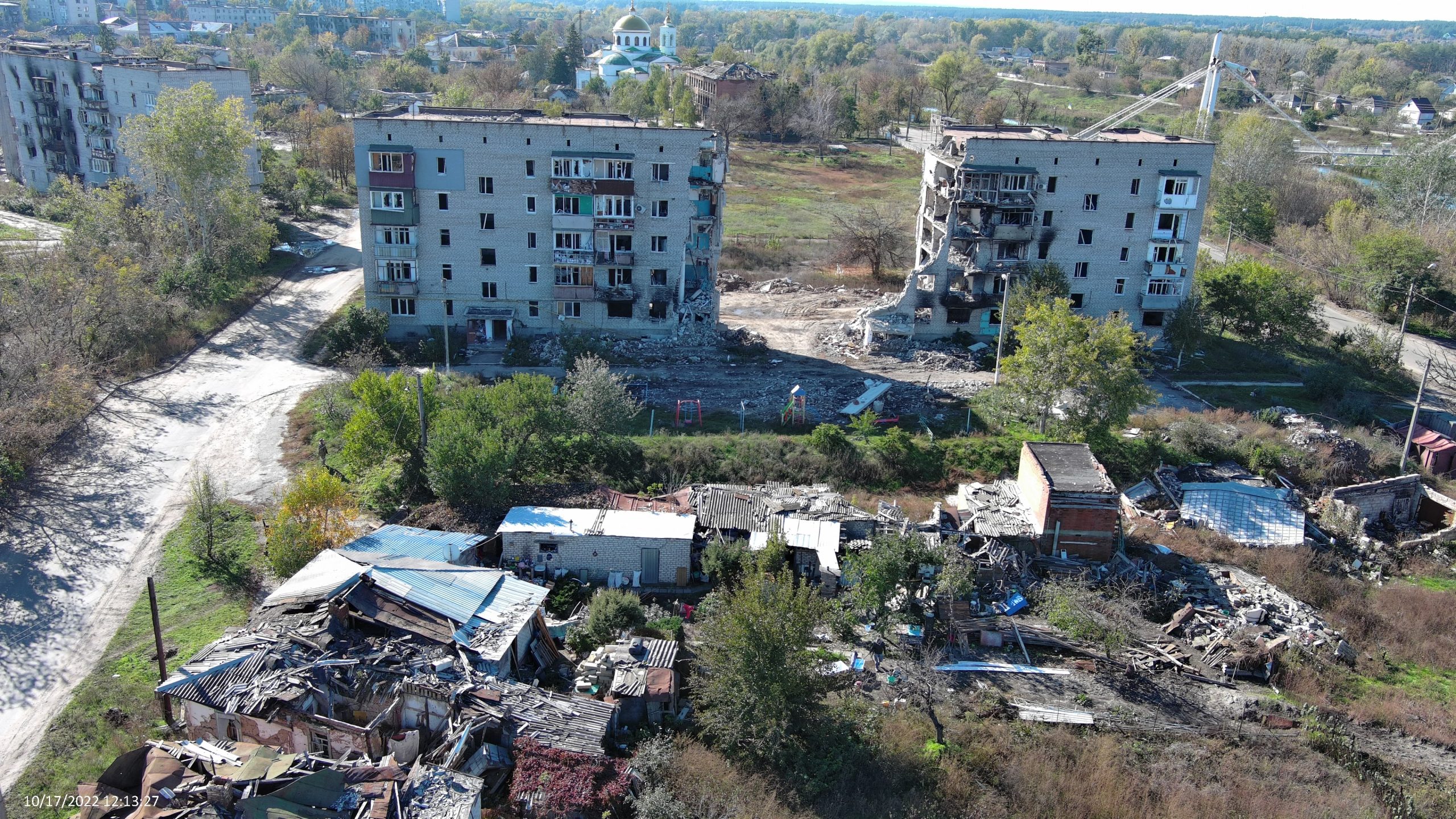 Izyum, Pokrovska Street 3. 44 people were killed there. As seen from the drone on Oct 17, 2022. Photo by Yevhen Tytarenko.